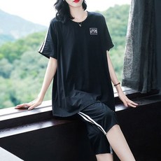 6XL까지 빅사이즈 여성복세트 캐주얼 심플 츄리닝복 트레이닝복 프린팅 반팔티셔츠+7부바지 투피스