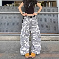 해피유통 여성 와이드핏 카고 팬츠 하이웨스트 데님 바지 캐주얼 루즈핏 밀리터리 스타일 카모 바지