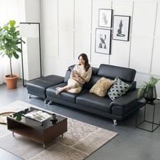 자네트 쟈드 3인용 가죽쇼파 스툴포함, 블랙