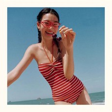 투니스 여성 심플 스트라이프 스트랩 비키니, 레드 + 화이트 전신