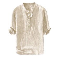 남성용 헨리 티셔츠 리넨 면 셔츠 버튼 업 비치 탑 캐주얼 반바지 반소매 경량 무지 티 화이트 02 Large 268566, Beige 02
