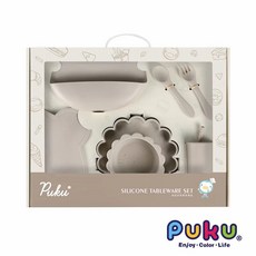 PUKU藍色企鵝蒔蘿鉑金矽膠餐具禮盒7件組-(三色)P14345, 吸盤餐盤、吸盤碗、湯叉、圍兜、餐墊、吸管杯, 松花杏, 1個