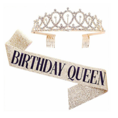 생일 어깨띠 + 티아라 왕관 머리띠 생일파티 공주세트, 골드퀸, 1세트