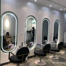 理髮店鏡子掛墻美髮鏡臺單麵落地帶燈網紅理髮鏡子壁掛式髮廊專用, 鵝形90*180黑標配