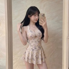 女裙式連體碎花泳衣 遮肚顯瘦保守款度假學生遊泳裝