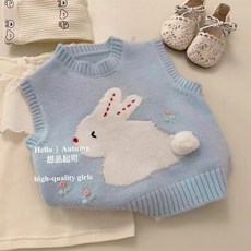 小不點兒 女童秋季背心上衣 韓版童裝女童針織馬甲藍色可愛兔子無袖兒童毛衣