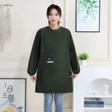 新款外穿工作罩衣 翻領防潑水長袖拉鍊口袋 廚房圍裙 男女工裝時尚, 圓領長袖罩衣【綠色】