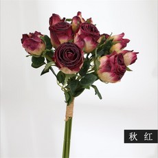 把束干花玫瑰做舊仿真花 仿干花束假花絹花客廳餐桌裝飾攝影道具仿真花永生花人造花乾燥花永不凋零拍照道具假花裝飾居家裝飾, 秋紅-1束6支12朵