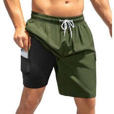 American Trends 남성용 압축 안감이 있는 수영 트렁크 22.9cm(9인치) 보라드 반바지 수영복 빠른 건조 수영 수영복 M-3XL 아미 그린. 3XL