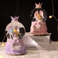 天馬水晶球內轉音樂自動飄雪八音盒桌麵燈光裝飾品情侶禮物 ZCZH, 粉色祕境,大號自動飄雪音樂燈光