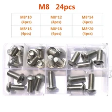 304 스테인레스 스틸 육각형 소켓 헤드 버튼 알렌 나사 세트 M2 M2.5 M3 M4 M5 M6 M8 M10, 06 M8 24PCS