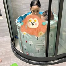 摺疊泡澡桶 圓形寶寶浴盆 加厚兒童浴缸洗澡沐浴桶, 送收納袋-河馬藍色,適合1-3歲50cm寬30cm高, 1個