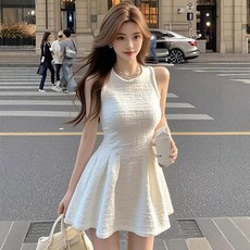 法式氣質名媛風白色圓領無袖連衣裙女夏季時尚洋氣A字短裙子, 白色,S, 白色