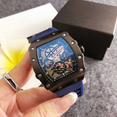 酒桶型鏤空機械腕錶 雙弧面硅膠錶帶設計, 藍黑, 1個