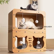 고양이 스크래쳐 원목 스탠드형 고양이집 내구성 강한 발톱갈이 캣타워 장난감, 수집하기 + 캣닢 증정, 3층 빌라용 교체용 필터 세트(목재 부품 제외)