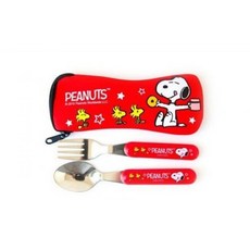 PEANUTS 史努比兒童餐具組 便攜湯匙叉子套裝 可愛卡通餐具, Red, 1個, Spoon, Fork, Case