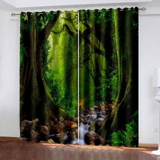 리르진 블랙아웃 커튼 아이렛 84인치 길이 블랙아웃 커튼 열 차단 단열 자연 정글 숲 풍경 방암 커튼 거실용 그린 브라운 38 x 84인치