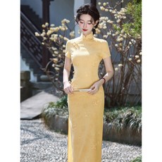 黃色旗袍新中式連衣裙 國風氣質改良古法少女宴會禮服氣質長裙 民國風傳統服飾