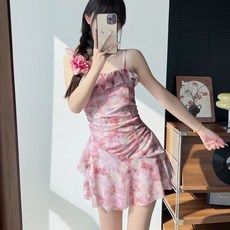 繁華浮夢泳衣女連體平角裙式溫泉度假泳裝, M適合80-100斤