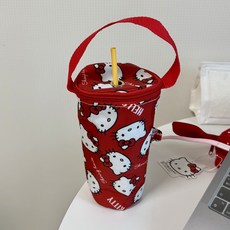 산리오 키티 얼굴 패턴 텀블러백 음료 보냉백 물병가방 물통주머니 물병파우치, 1개, 레드 1개, 레드