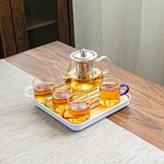 내열유리 우드핸들 거름망 내장 원터치 티메이커 겸용, ., 1L, 4개 6가지 색상 사각 쟁반