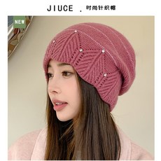 秋冬鑲礸兔毛線帽子百搭加绒針織帽堆堆帽 毛線帽 d0005