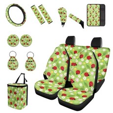 Forchrinse Ladybug 여성용 카시트 커버 플라워 15팩 자동차 액세서리 핸들 커버 팔걸이 안전벨트 쓰레기통 코스터 트럭 SUV 차량용 키체인 포함, 다채로운 무당벌레