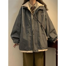 全店折扣 假兩件工裝風衣外套女2023新款初中生中長款衝鋒衣連帽棒球服