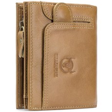 BULLCAPTAIN 남성용 RFID 차단 바이폴드 지갑 천연 가죽 카드 홀더 지갑 카드 슬롯 15개 포함 지퍼가 달린 황갈색 레트로