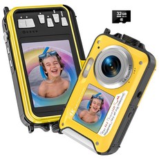 이페셜 4K 수중 카메라 64MP 오토포커스 디지털 32GB 듀얼 컴팩트 16X 카드 스크린 플로팅 셀카 16FT 스노클링 방수 카메라 YELLOW