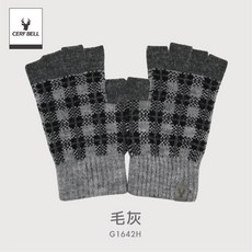 體溫魔術師 方格紋皮標混色半指手套 針織柔軟保暖舒適 通勤休閒冬季百搭款, 毛灰, 1個