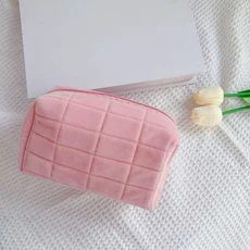 귀엽고 부드러운 작은 플러시 화장품 가방 휴대용 여행용 파우치 단색 지퍼 세면도구 보관 정리함 여성용, 02 핑크