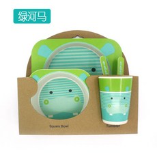 YIChu 竹纖維兒童餐具套裝 卡通可愛餐盤勺叉組 寶寶輔食碗, 綠河馬5件套, 1個
