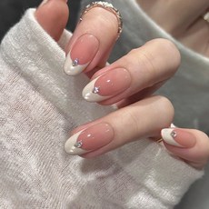 ins風海莉法式純手工穿戴甲氣質短款高級簡約美甲假指甲貼片, 澳白  新中橢圓24mm, L