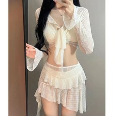 韓版夏季新款白色仙氣長袖泳衣女比基尼四件套度假海邊溫泉感
