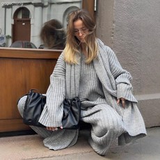 V領坑條毛衣套裝歐美2025秋冬新款寬鬆套頭衫 長褲毛衣套裝女
