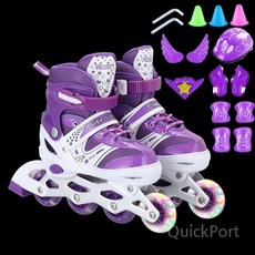 인라인 스케이트 어린이 풀세트, 퍼플 + 싱글 플래시 +음악 보호구 세트