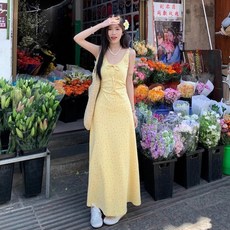 Yellwel 여름 여성 오피스룩 플라워 나비 패턴 롱 원피스 DJP