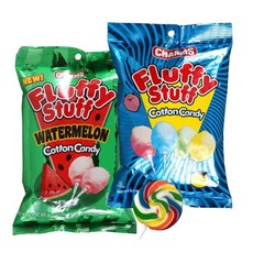 Soko Smiles 솜사탕 코튼 캔디 참스 플러피 스터프 수박 맛 지방 나트륨 콜레스테롤 무첨가 사탕 분홍색 파란색 신선한 방적 축제 미니 롤리팝 및 소코 스마일 가방 포함, Soko Smiles 솜사탕 코튼 캔디 참스 플러피 스, 60g