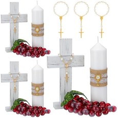 Amyhill 3세트 크로스 테이블 장식 세례 센터피스 세트 확인 캔들 스탠딩 십자가 Jhs 첫 성찬식 웨딩 베이비 샤워 교회용 150787