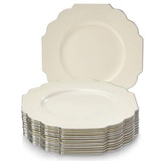SILVER SPOONS 부채꼴 테두리가 있는 파티용 우아한 플라스틱 접시 (10개) 결혼식 피로연을 위한 일회용 튼튼한 디저트 - 15.2cm(6인치) 실버 가장자리가 멋, 아이보리