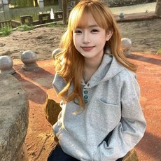 투니스 여성 빈티지 반단추 루즈핏 긴소매 후드 티셔츠