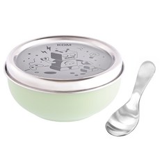 KOM 316不鏽鋼 兒童隔熱碗 附湯匙 角落生物 矽膠蓋 磨砂 不鏽鋼碗 雙層隔熱碗 幼兒園碗 兒童碗 三色碗 王樣, 1個, 機器人 / 磨砂不鏽鋼 / 0084, F, F