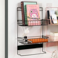 못없이 선반 네트망 벽걸이 수납 철망 철제 정리함, 2단 블랙