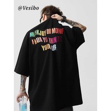 레인보우 레터링 자수 반팔 티셔츠 남성 여름 오버핏 힙합 스트릿 캐주얼 라운드넥 상의