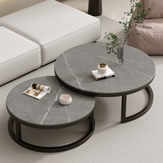 簡約北歐風 大理石紋 茶几組 收納桌, 灰色80cm+灰色60cm