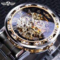 남자 스켈레톤 오토매틱 기계식 수동 시계 2060 손목, 1, H. 실버 블랙 다이얼 골드 문자 블랙