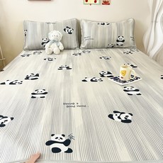 冰絲涼蓆 熊貓圖案，可折疊，附枕套，清涼舒適，空調席, 熊貓糰子-灰,90*200cm牀蓆款涼蓆+48*74c