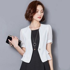 ROYALBELLE 여성 반팔 얇은 오피스룩 슬림핏 정장 스타일 버튼 가벼운 숏 자켓 K052717