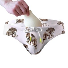 남성용 수영 브리프 포치 벌지 인핸싱 수영복 컨버 컵 파우치 포함 남성 비키니 패딩 섹시 속옷 인핸서 남성용 레오파드 테마 + 스폰지 커버